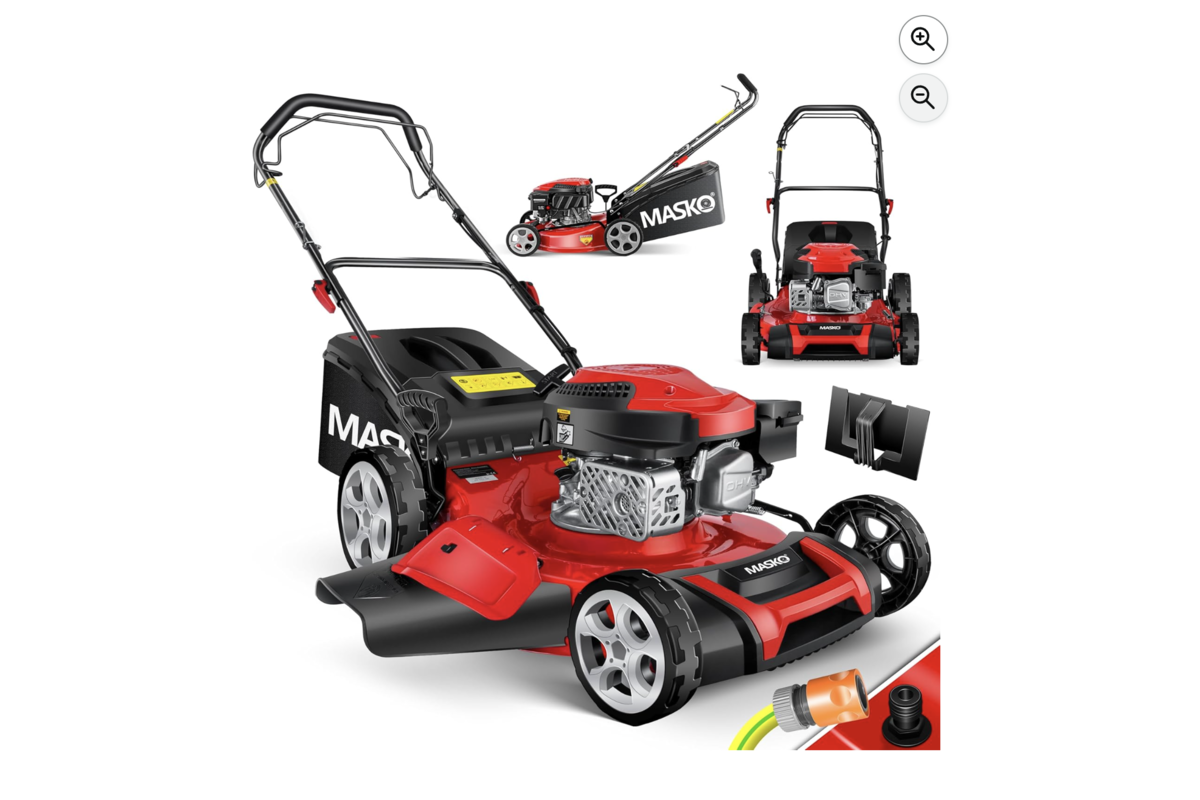 Tondeuse à essence Masko 5 en 1 rouge et noir largeur 51 cm avec bac et accessoires