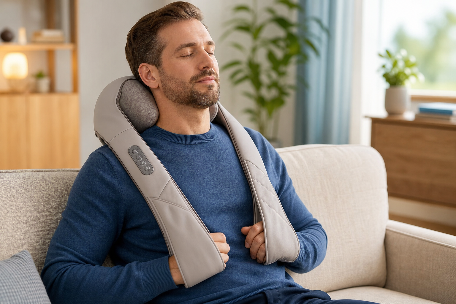 Personne utilisant un appareil de massage pour le cou et les épaules