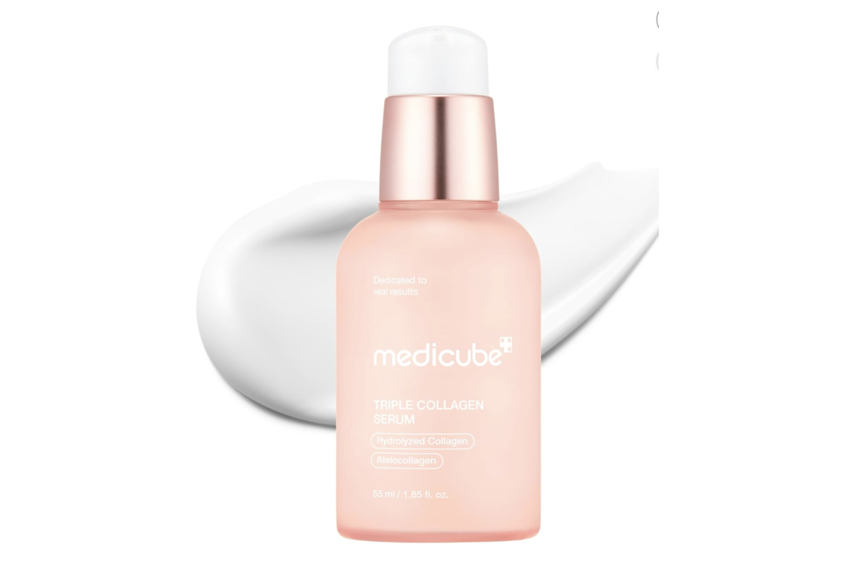 Medicube Triple Collagen Serum flacon rose avec texture crémeuse
