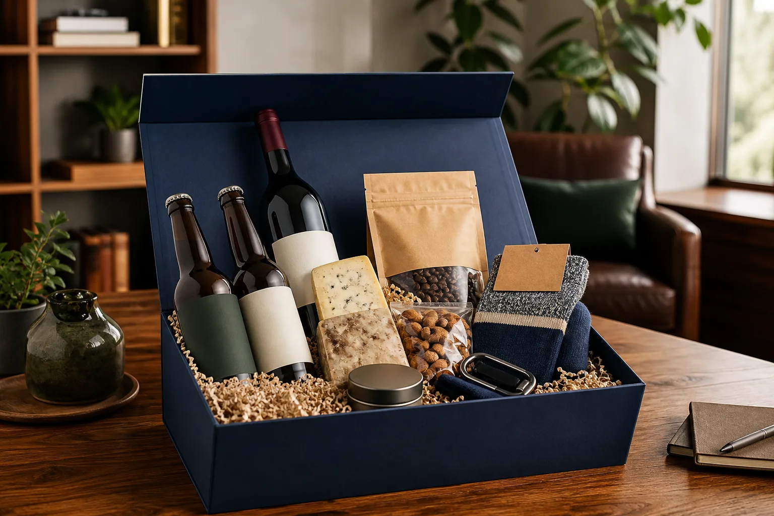 Sélection de box homme avec bière, vin, gourmandises, café, accessoires et soins