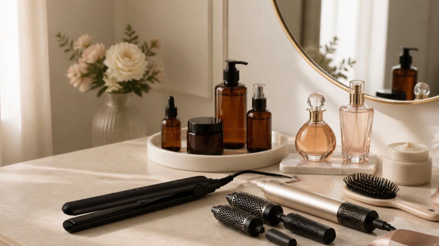 Sélection beauté avec lisseur, appareil de coiffure, parfums et soins sur une coiffeuse
