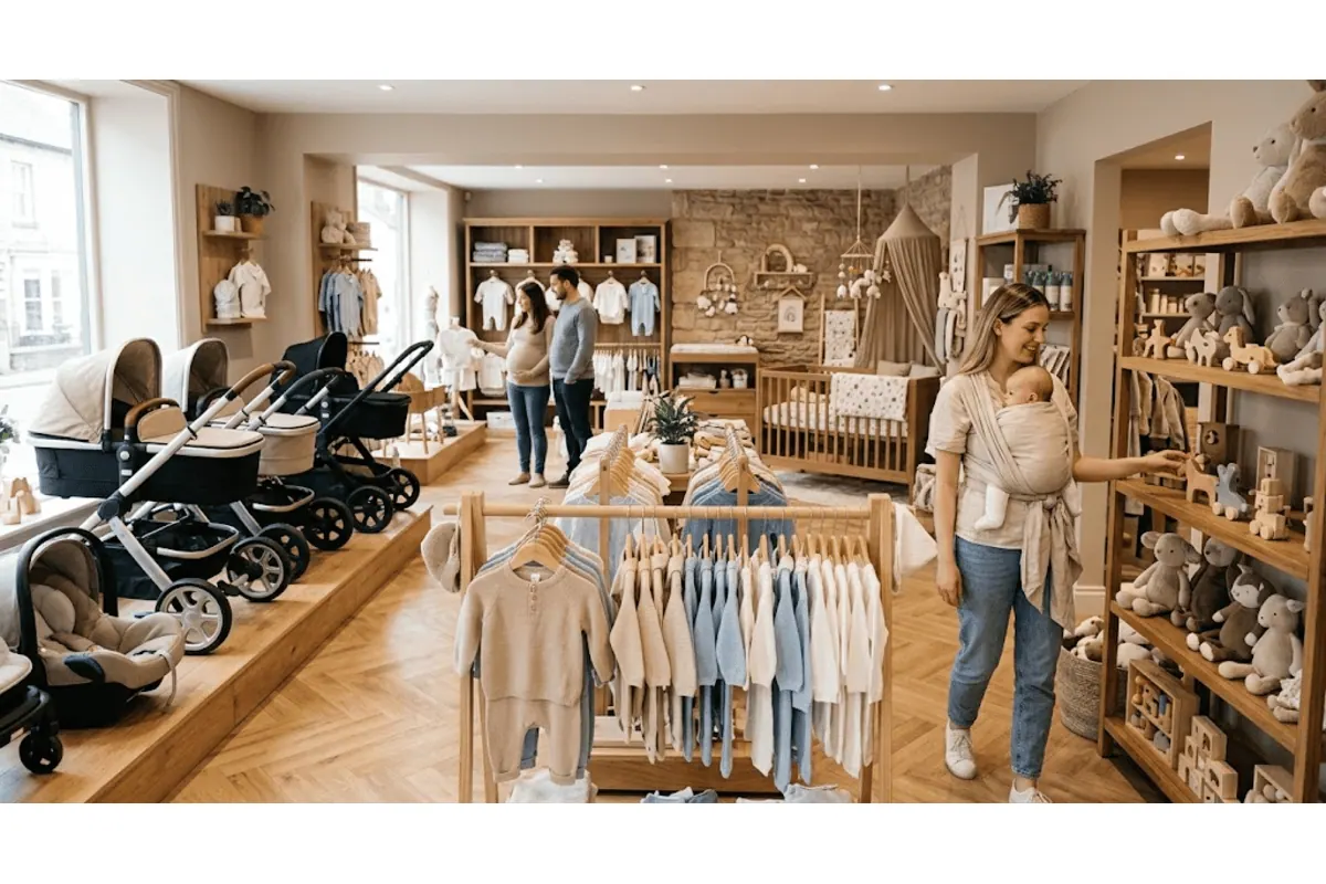 Boutique de puériculture avec poussettes, vêtements et accessoires pour bébé
