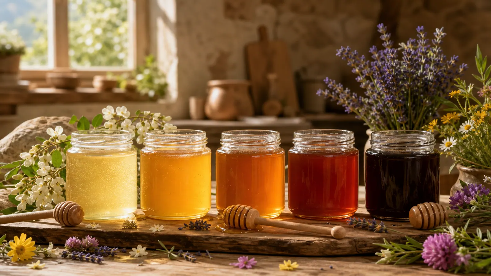 Comparatif meilleurs miels bio 2026 avec pots de miel ambré et fleurs