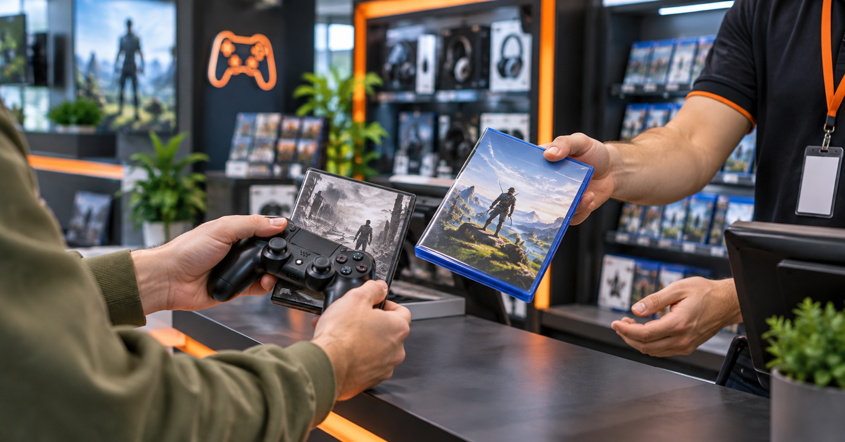 Client rapportant une manette et un jeu vidéo dans un magasin gaming
