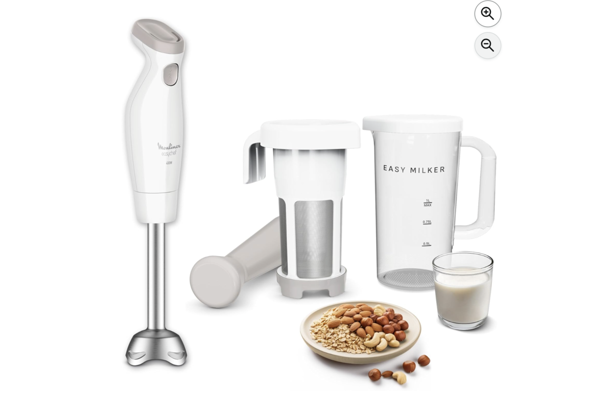 Moulinex Easy Milker et pied mixeur Easychef avec carafe, pilon et ingrédients