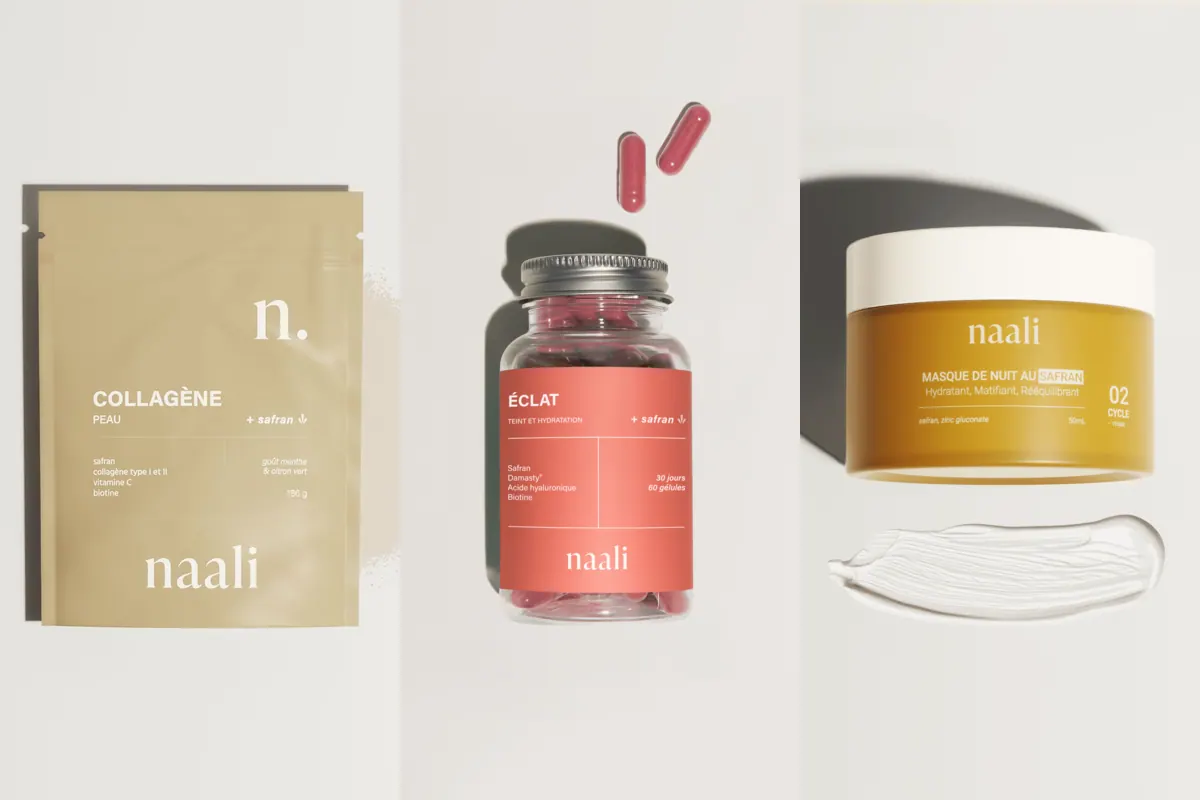 Trois produits Naali au safran : le collagène en poudre, les gummies Éclat et le masque de nuit réparateur