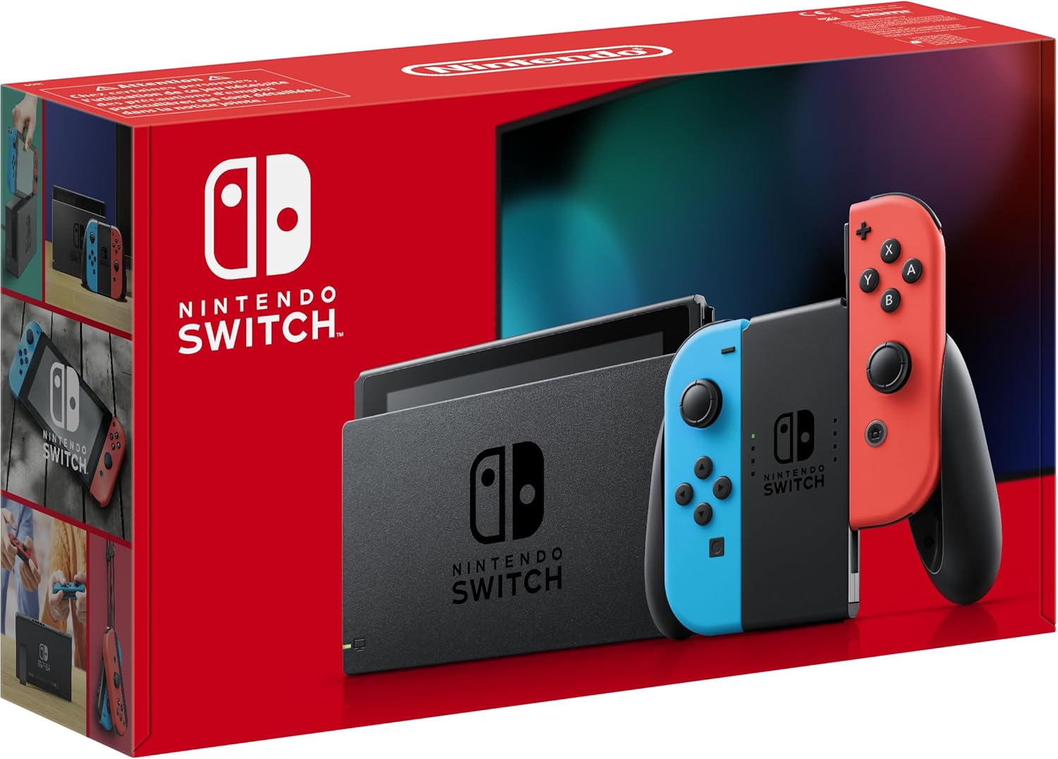 Nintendo Switch avec Joy-Con bleu néon et rouge néon, dock et boîte