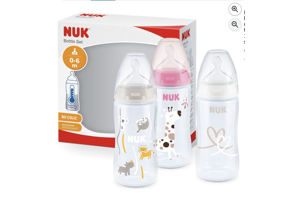 Lot de 3 biberons NUK First Choice+ motifs girafe rose avec boîte
