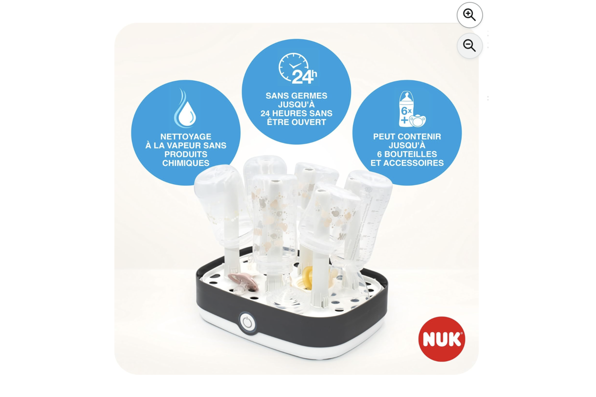 NUK Vario Express : vapeur sans produits chimiques, stérile 24h, jusqu'à 6 biberons et accessoires