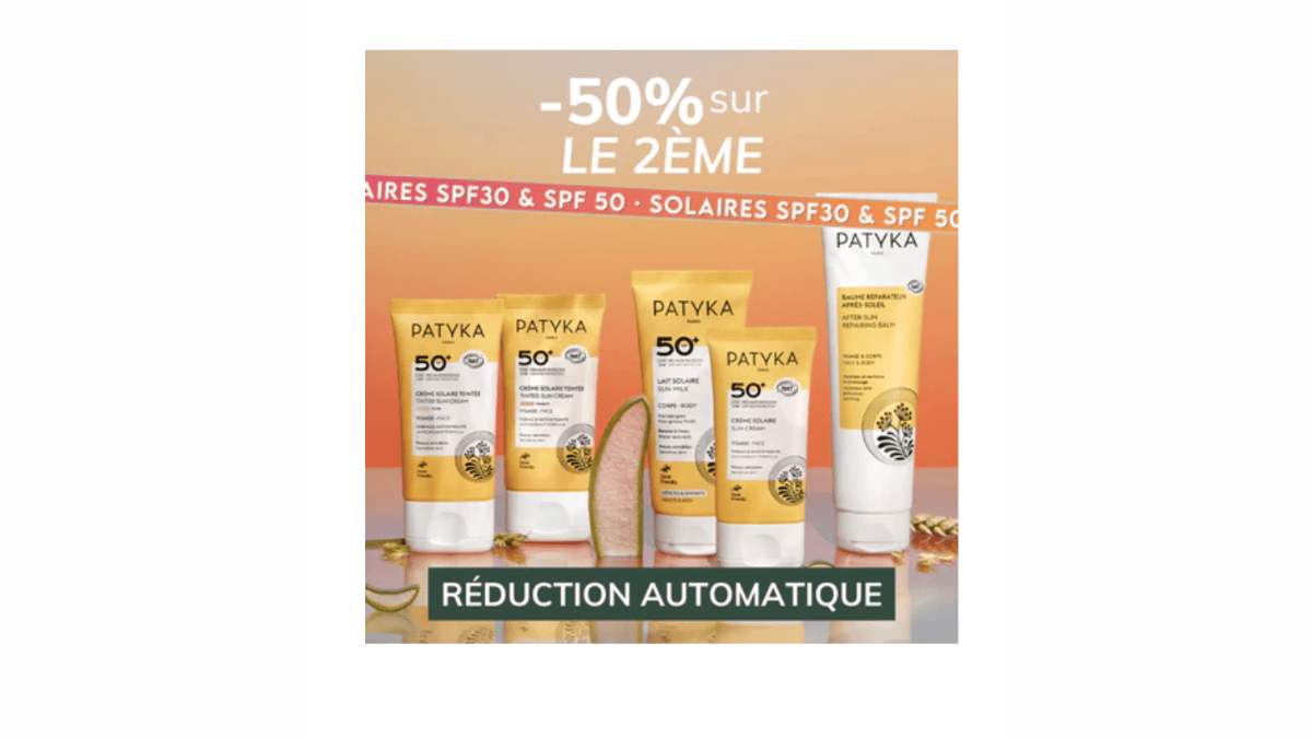 Nuoo Patyka solaires bio creme visage lait corps teintee 1 achete le 2eme a -50% reduction automatique mai 2026