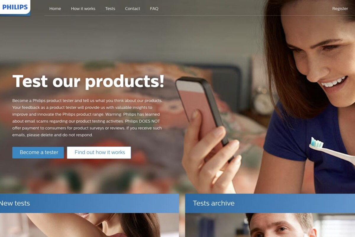 Page officielle du programme Philips Product Tester pour devenir testeur de produits