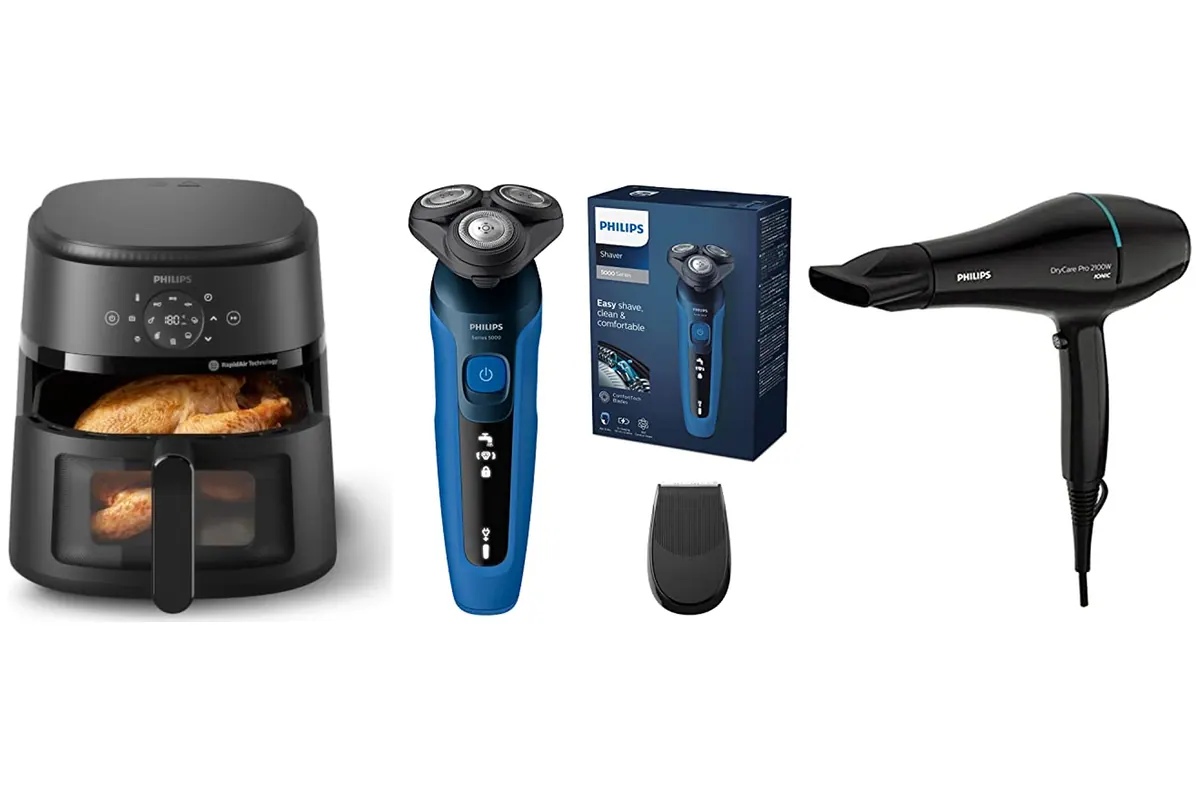 Trois appareils Philips : l'Airfryer XXL, le rasoir électrique Series 5000 et le sèche-cheveux ionique ThermoProtect
