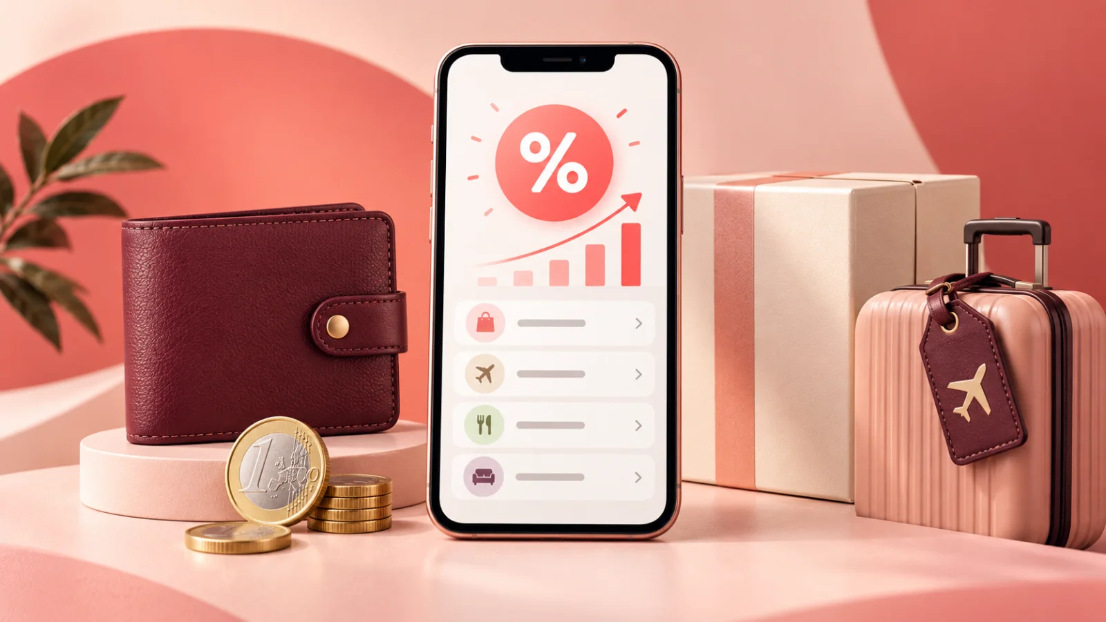Téléphone présentant un cashback avec portefeuille, colis, valise et pièces en euros