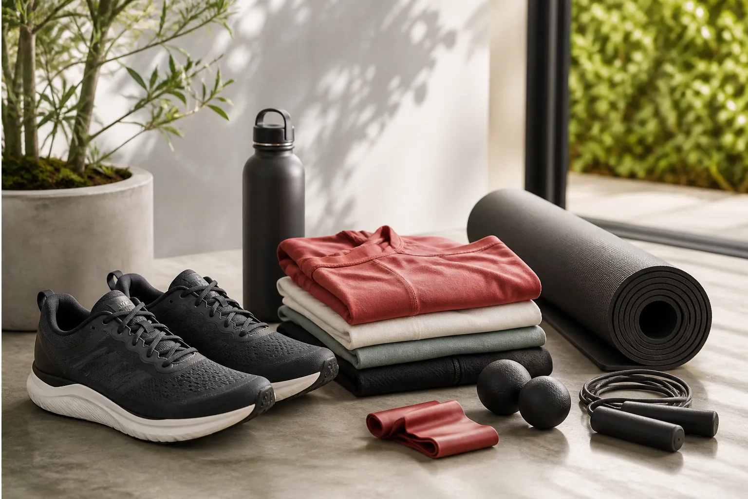 Chaussures de running, vêtements de sport, tapis de fitness et accessoires illustrant les ventes privées Private Sport Shop