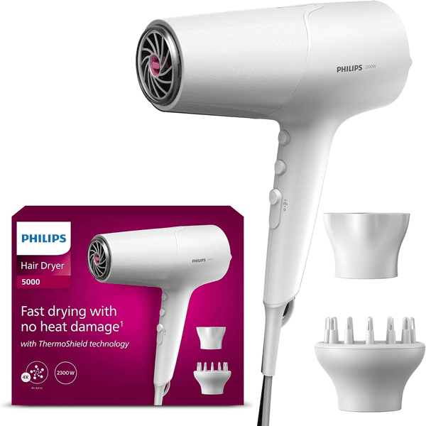Philips série 5000 sèche-cheveux ThermoShield ionique 2100W blanc concentrateur diffuseur volume BHD500/20