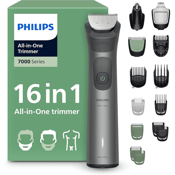 Philips Multigroom série 7000 tondeuse tout en un 16 accessoires barbe cheveux corps lames métal auto affûtées 21 hauteurs coupe MG7931