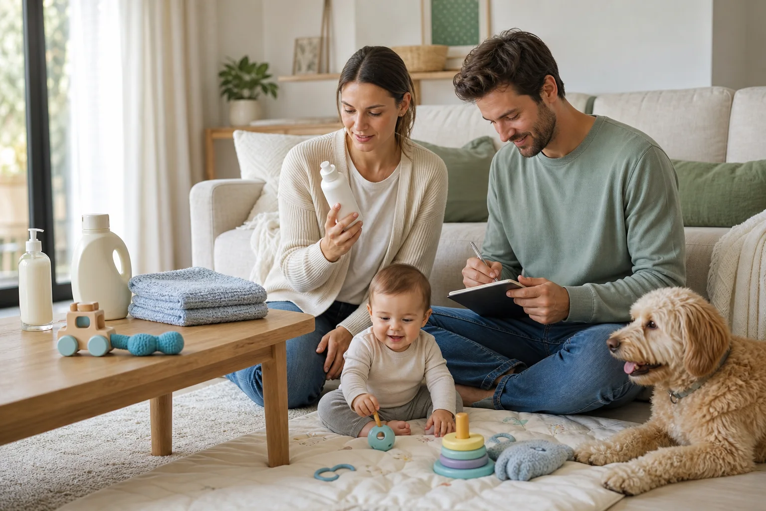 Famille avec bébé et chien découvrant différents produits reçus dans le cadre de tests gratuits
