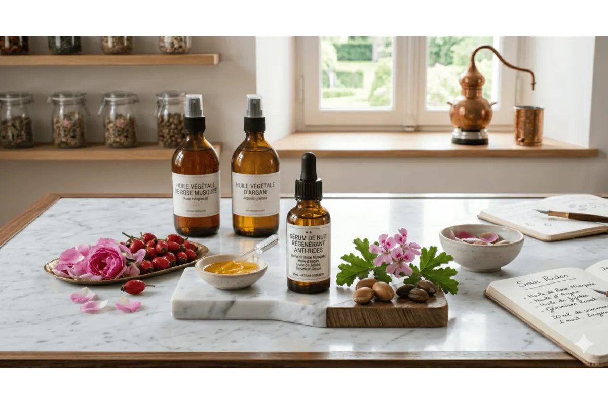 Flacon d'huile d'argan utilisé comme sérum visage maison