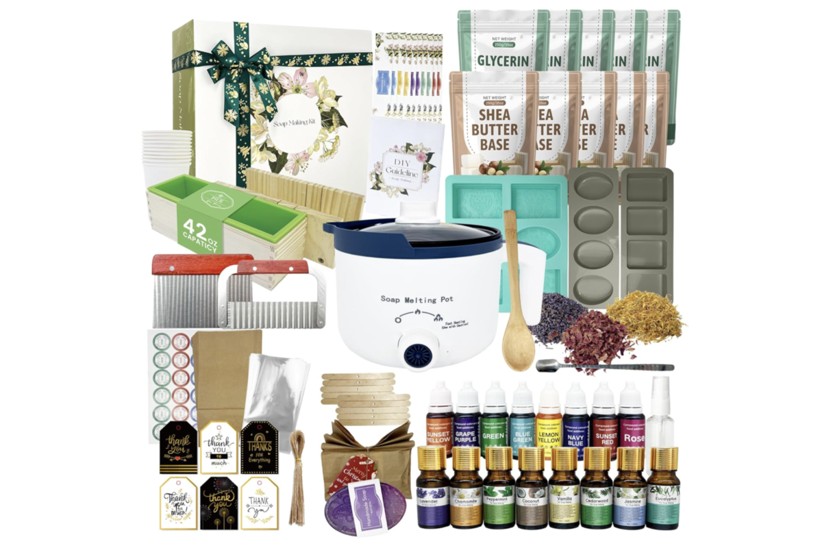 Kit complet DIY savon maison avec base Melt & Pour, glycérine, karité, moules silicone, colorants, fragrances, pot de fonte