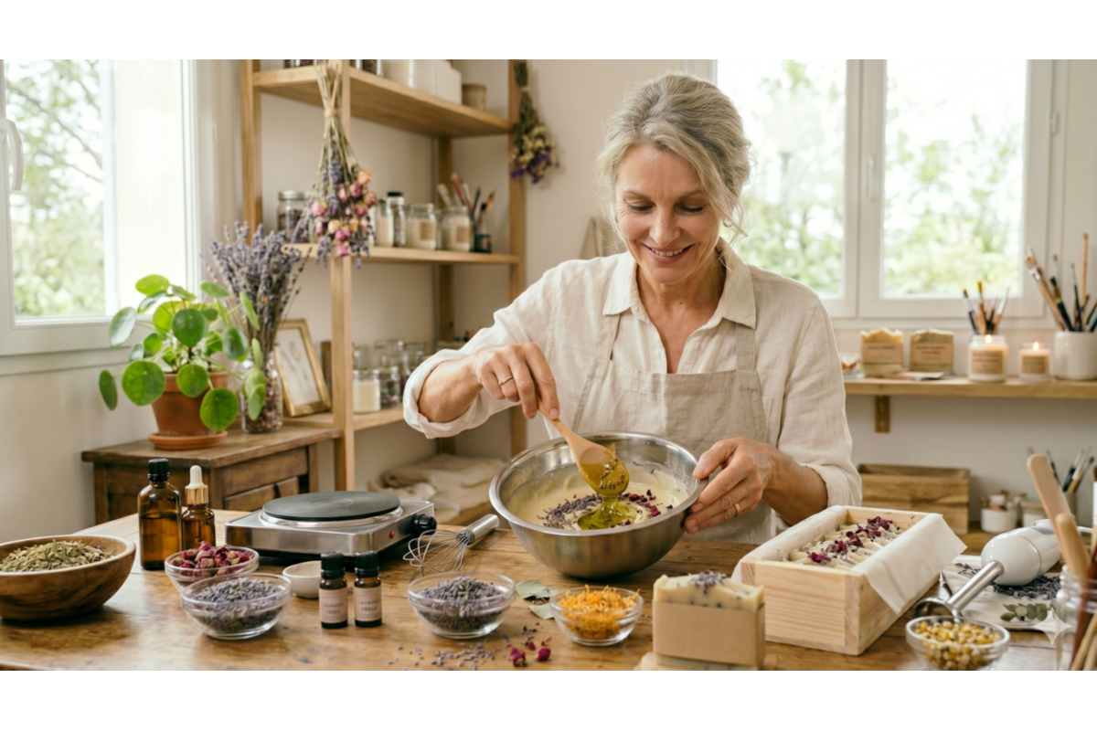 Femme fabricant des savons maison DIY dans atelier avec huiles végétales argiles fleurs séchées