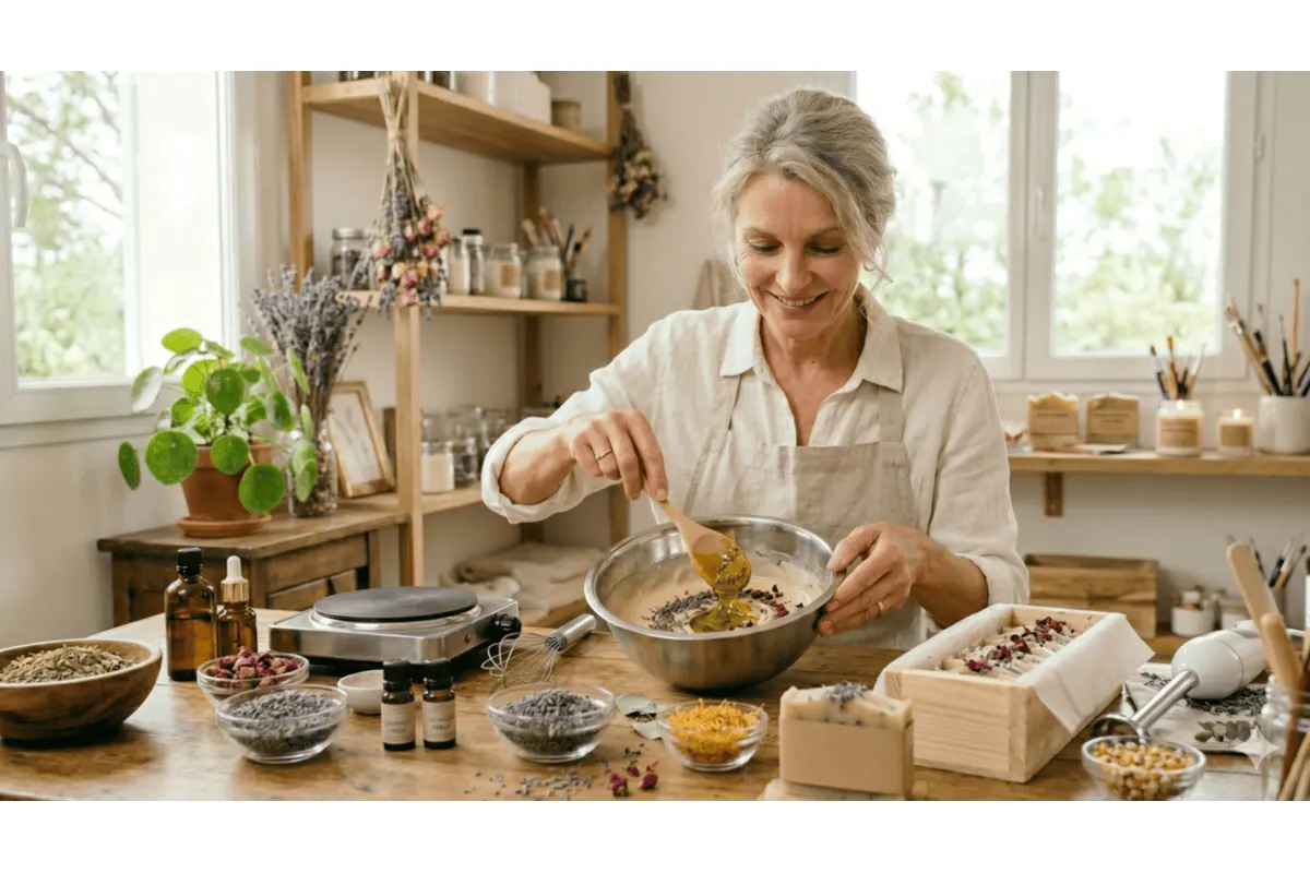 Femme fabricant des savons maison DIY dans atelier avec huiles végétales argiles fleurs séchées