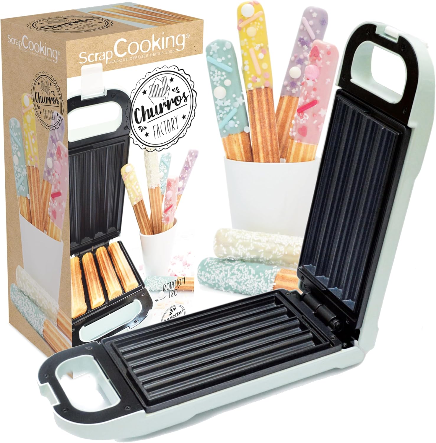 Machine ScrapCooking Churros Factory ouverte avec ses plaques et sa boîte