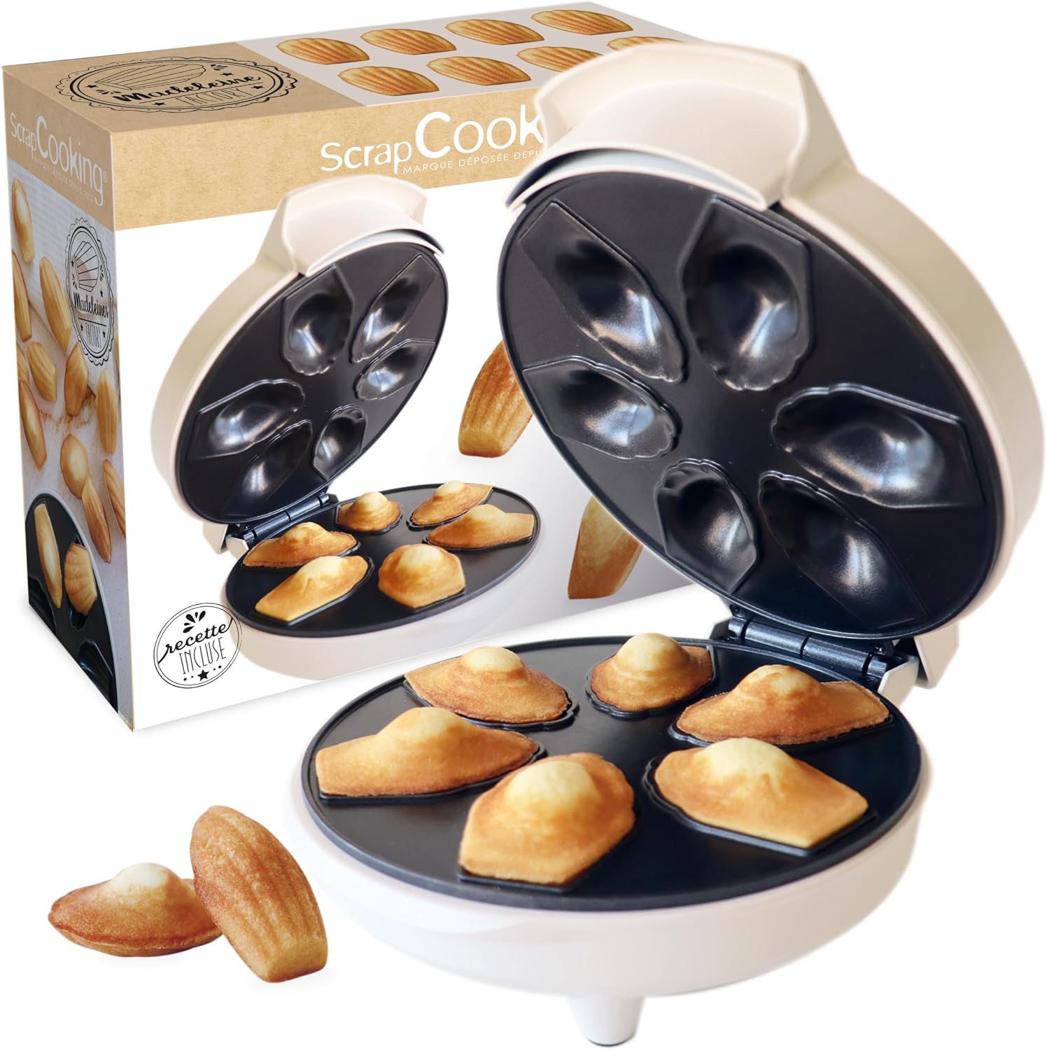 Machine ScrapCooking Madeleines Factory ouverte avec six madeleines et sa boîte