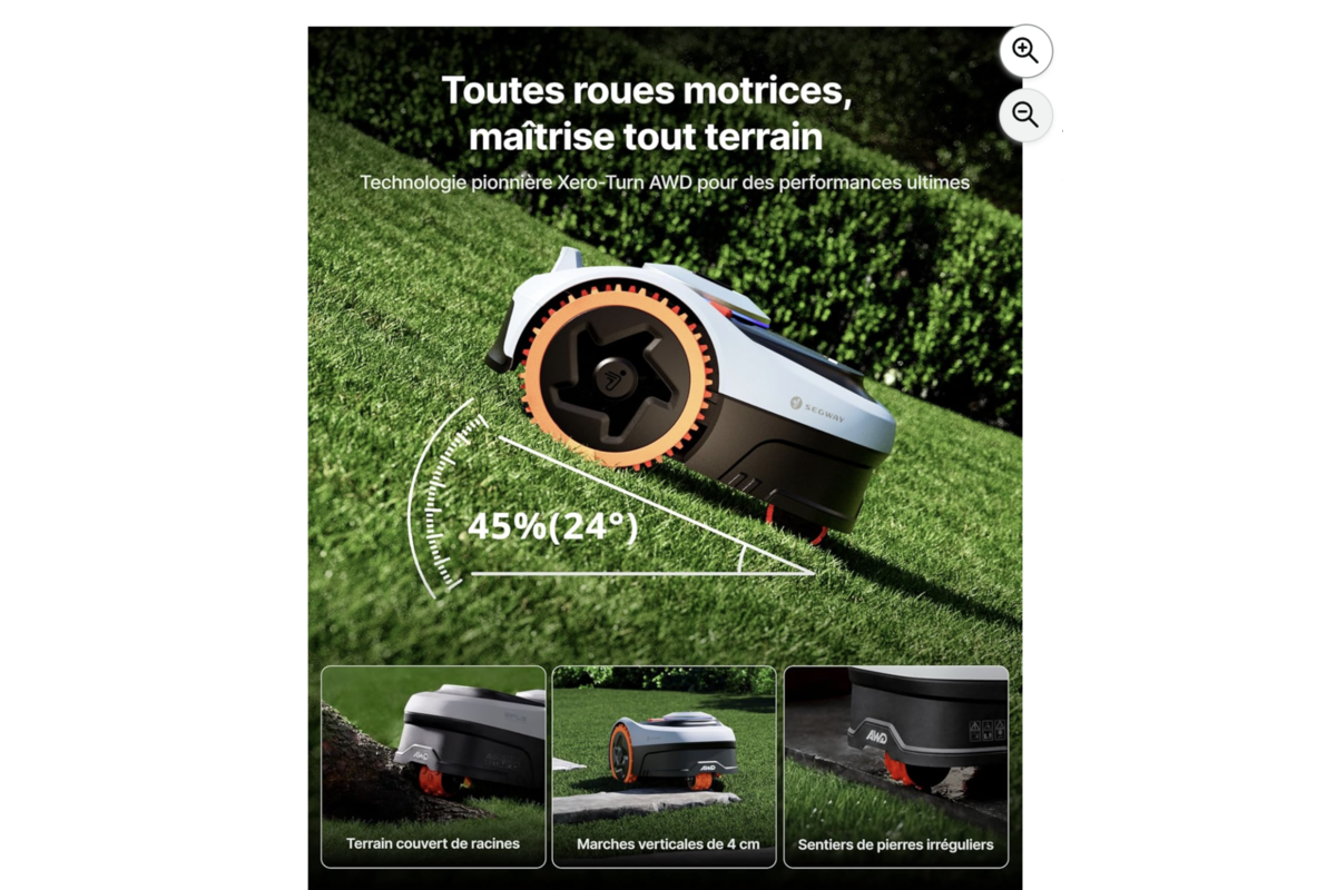 Navimow i205 AWD sur pente à 45% : toutes roues motrices, terrains couverts de racines, marches de 4 cm, sentiers irréguliers