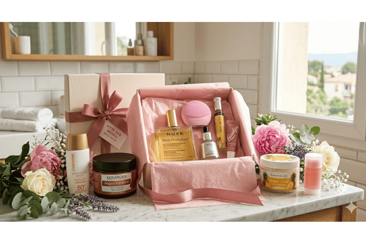 Coffret cadeau fête des mères rose ouvert Nuxe Lancaster Kerargan Foreo Vichy Lanolips Les Secrets de Loly La Rosée pivoines lavande marbre