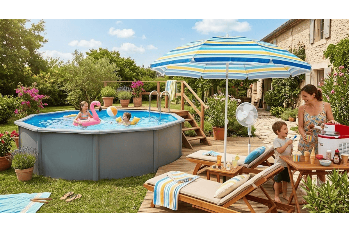Jardin été ensoleillé avec piscine hors sol grise enfants jouant bouée flamant rose parasol rayé bleu jaune transats ventilateur machine à glace famille terrasse bois bons plans Amazon canicule été 2026