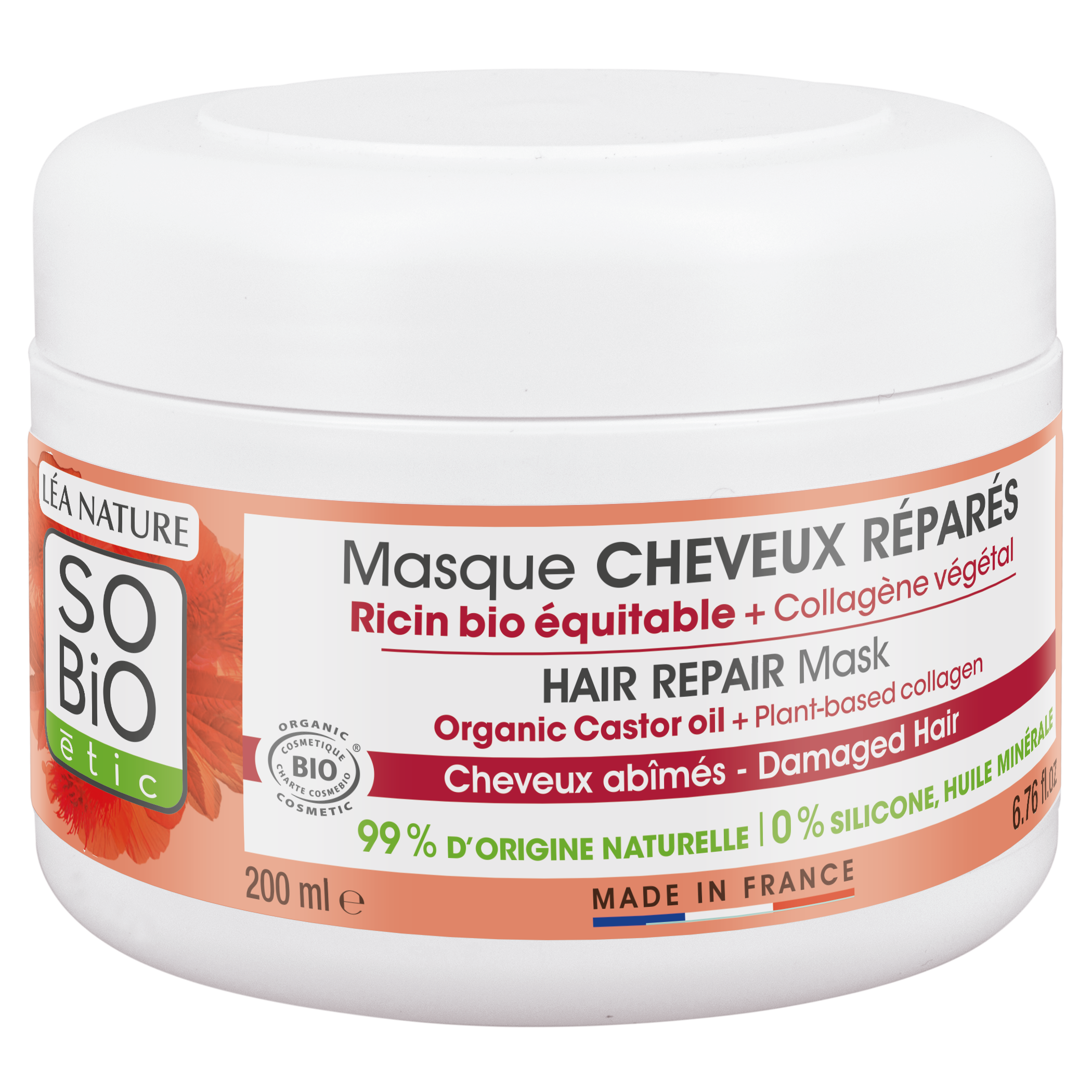 Masque SO'BiO étic Cheveux Réparés au ricin bio et collagène végétal en pot de 200 ml
