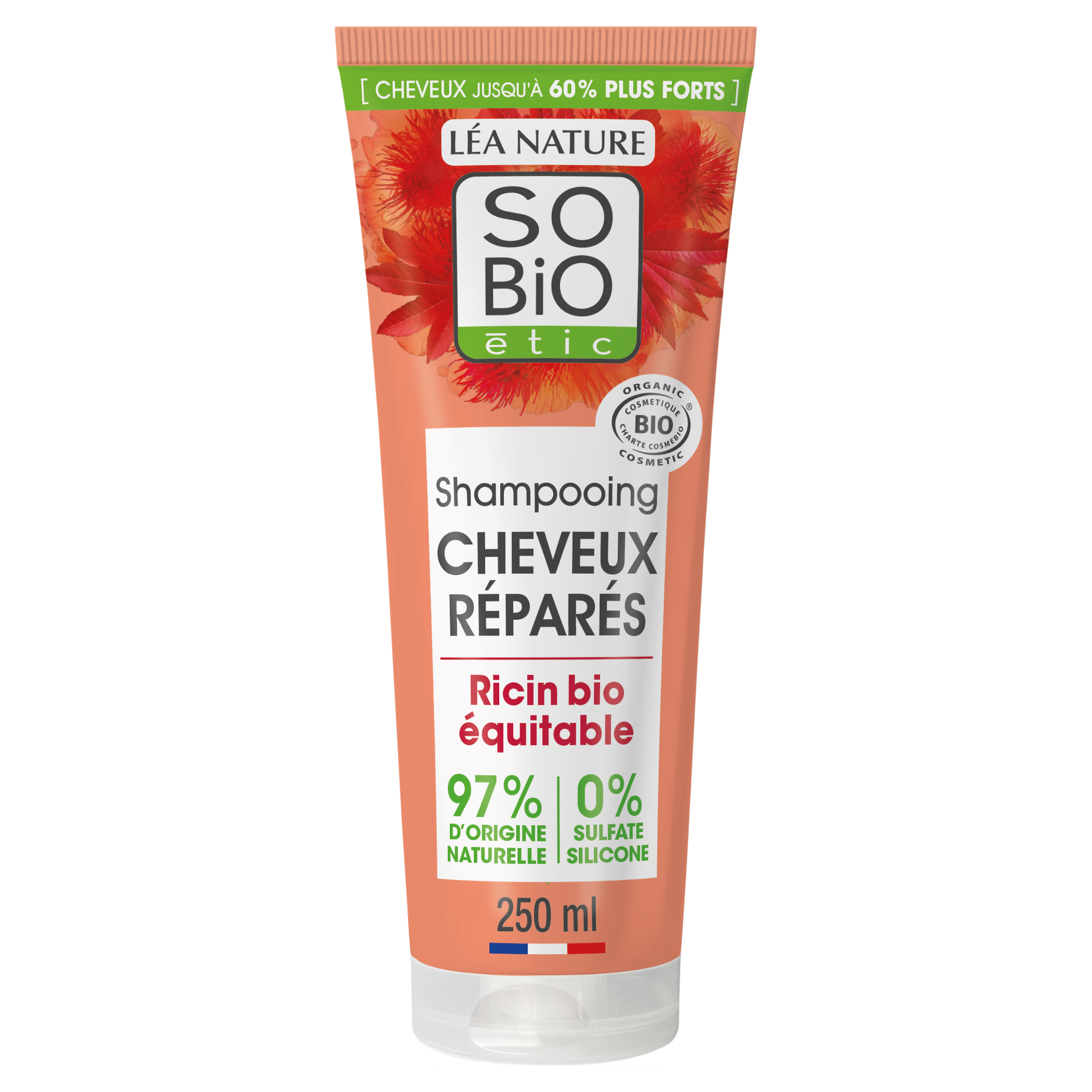 Shampooing SO'BiO étic Cheveux Réparés au ricin bio en tube de 250 ml