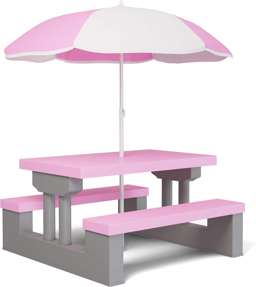 Salon de jardin Spielwerk gris-rose pour enfant avec table, bancs et parasol
