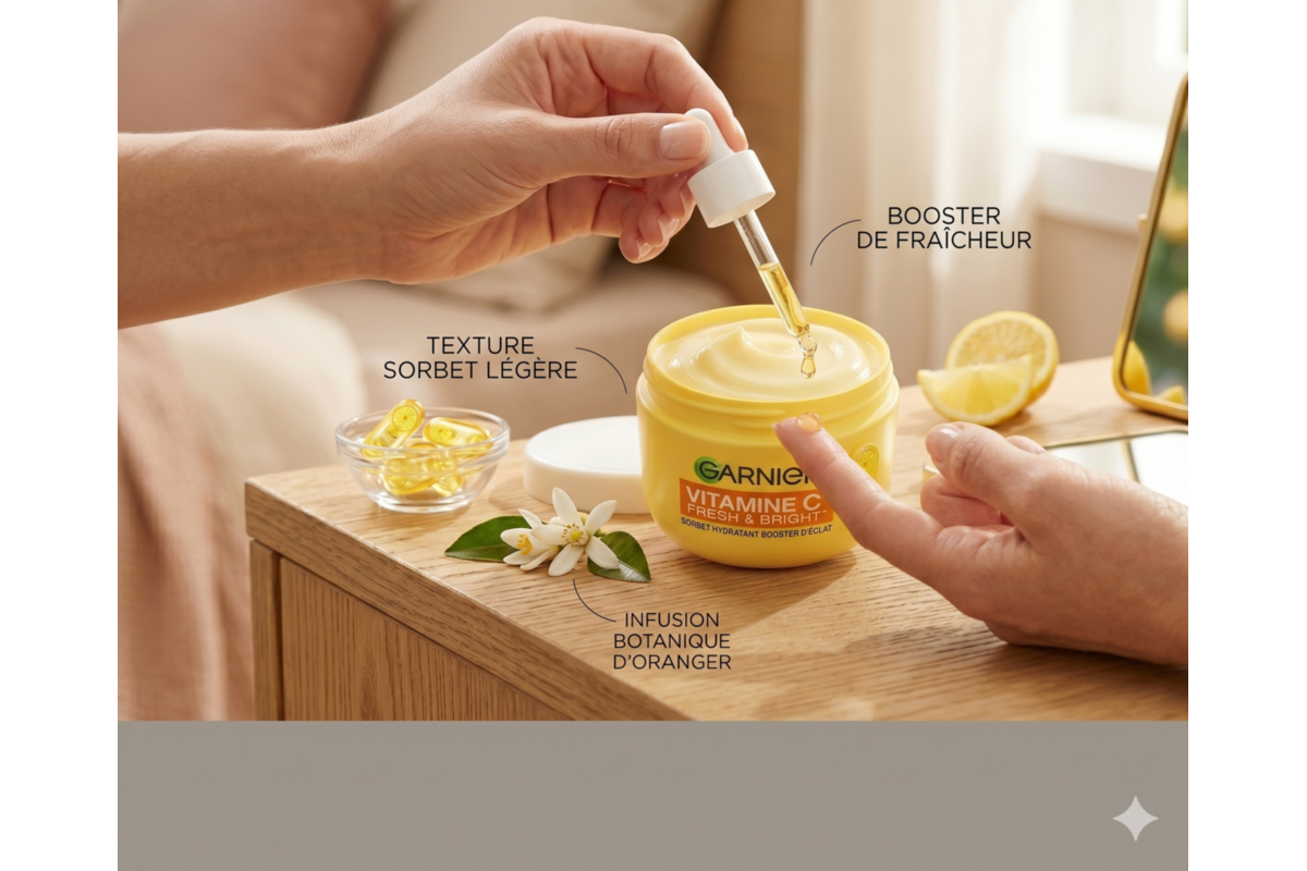 Crème combinée avec le sérum Vitamine C Garnier : routine complète booster de fraîcheur