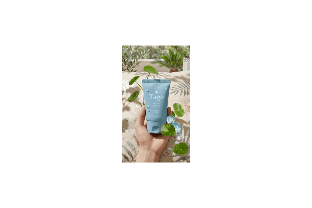 Test avis Tage Cica-Tree Water Jelly Sun Serum SPF50 PA quatre plus tube bleu main feuilles centella asiatica skincare coreen mai 2026