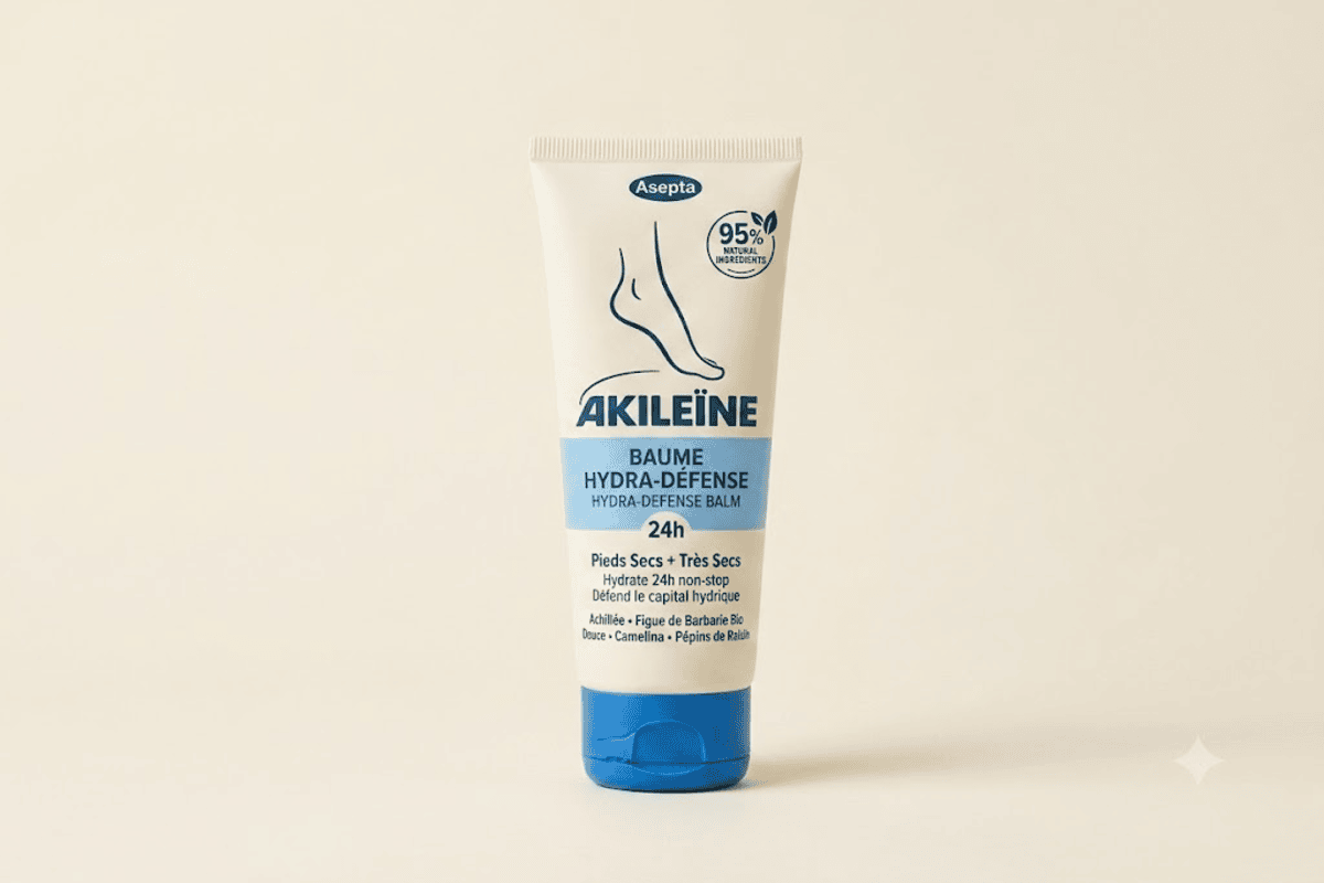 Tube Akileïne Baume Hydra-Défense 24h pieds secs et très secs avec silhouette pied et badge 95 pourcent naturel Asepta