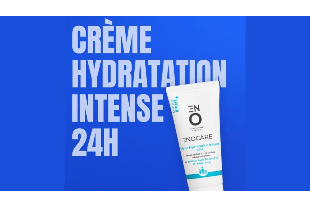 Tube ENOCARE PRO Crème Peaux Réactives du Laboratoire Codexial sur fond bleu profond avec icônes microbiome et feuillage, bandeau Apaisement Probiotiques Phyto AR Complexe Sensitive Skin Care