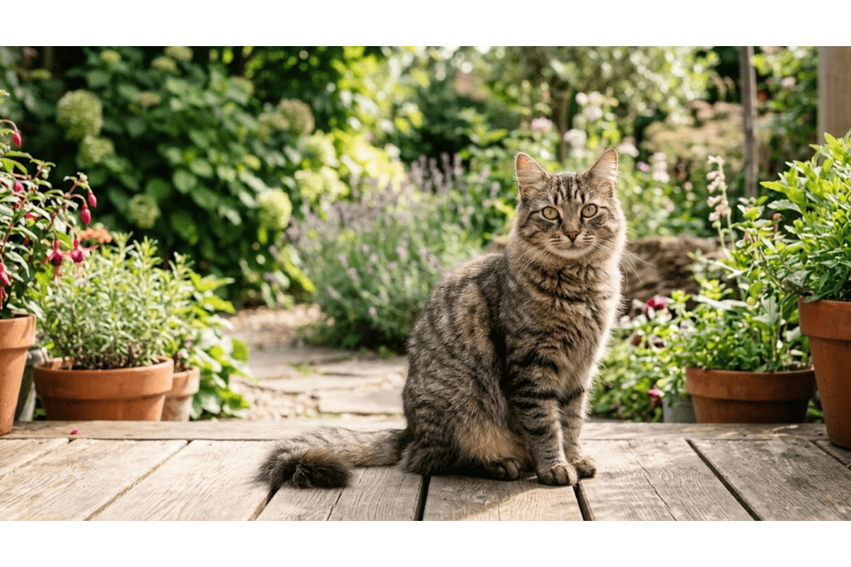 Chat tigré assis sur terrasse en bois entouré de fleurs et plantes étude appétence complément alimentaire pâte récupération nutrition juin juillet 2026