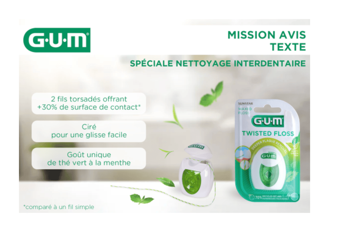 Test produit gratuit GUM Twisted Floss 50 fils dentaires the vert menthe 2 fils torsades cire mission avis Sunstar juin 2026