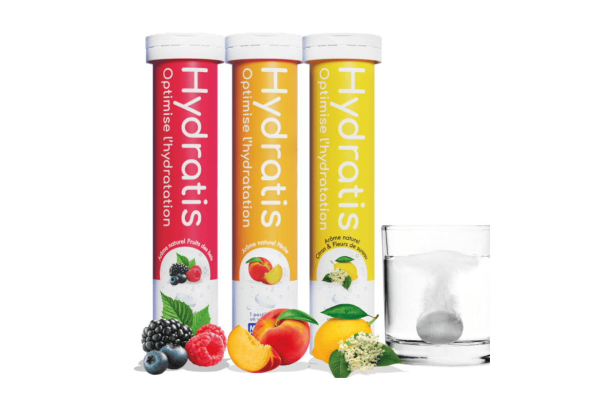 Test gratuit Hydratis 3 tubes pastilles d'hydratation arômes fruits des bois pêche citron fleurs de sureau verre d'eau électrolytes magnésium potassium sodium 8 exemplaires à tester tirage septembre 2026