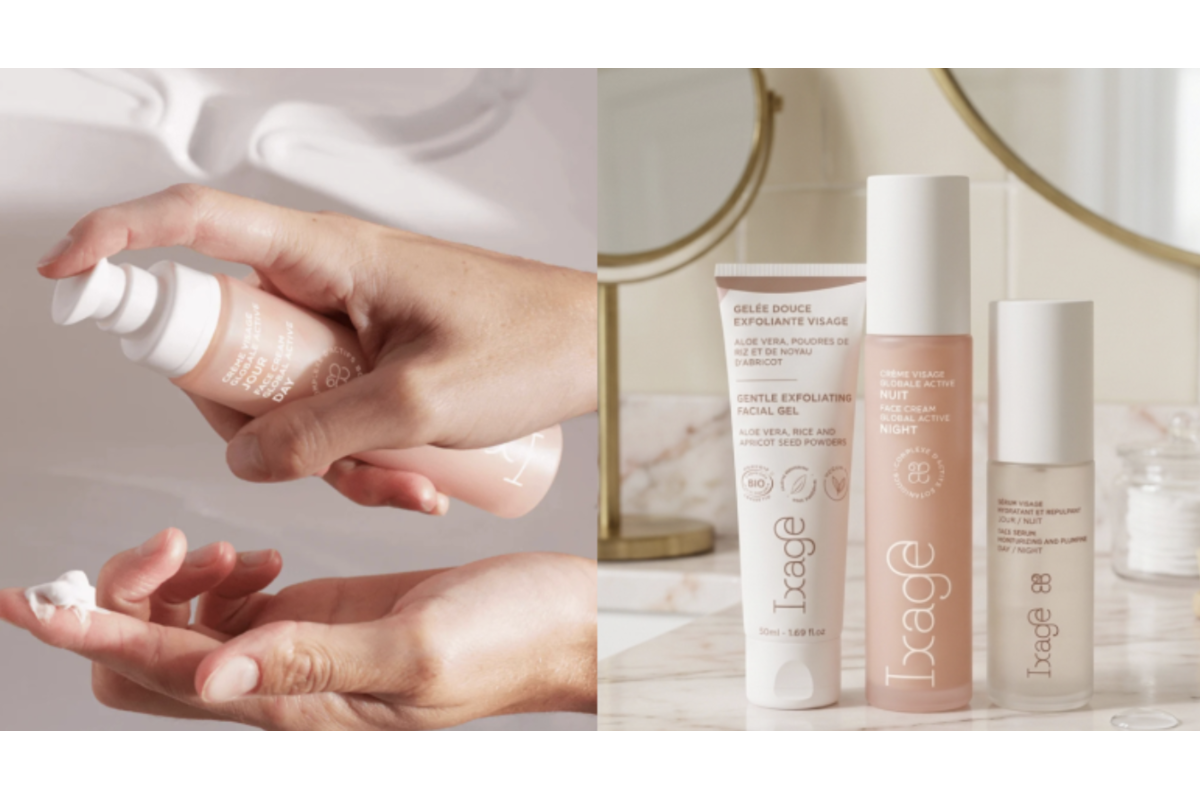 Ixage routine anti-âge bio Cosmos Organic flacons rose soin visage hydratant sérum