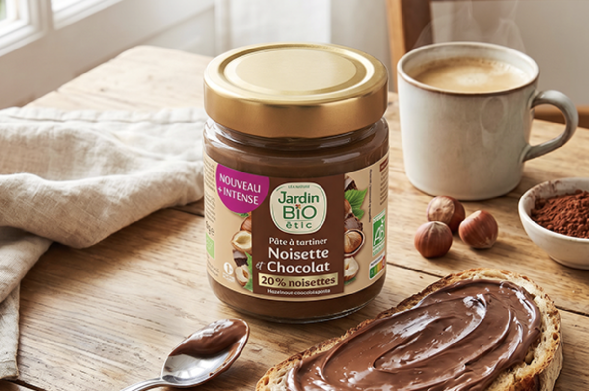 Test gratuit Jardin Bio Etic pate a tartiner Noisette Chocolat 20 pourcent noisettes pot verre couvercle metal mai 2026