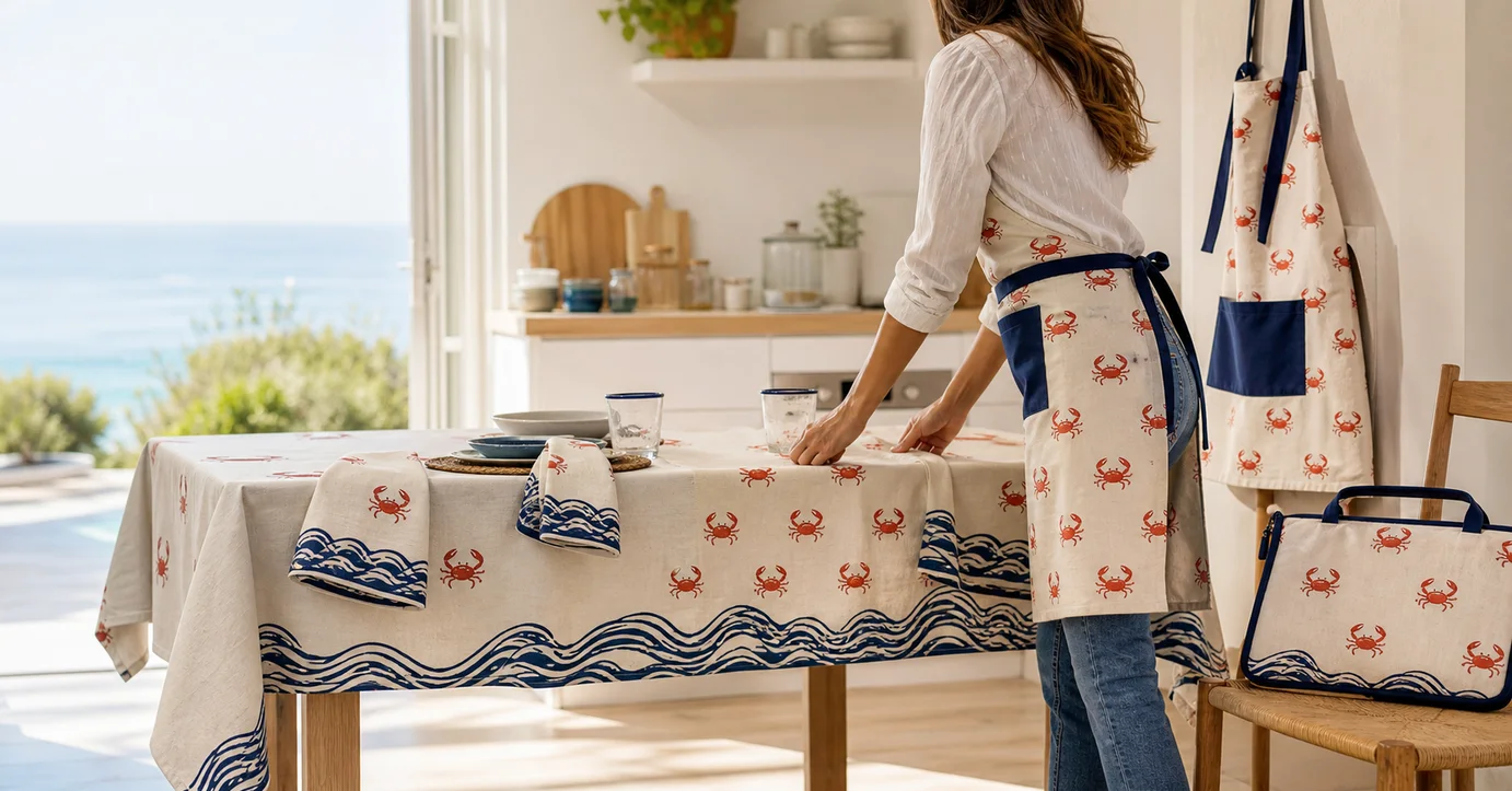 Kit textile maison inspiré de l'océan avec nappe, tablier, serviettes et housse d'ordinateur à motifs crabes