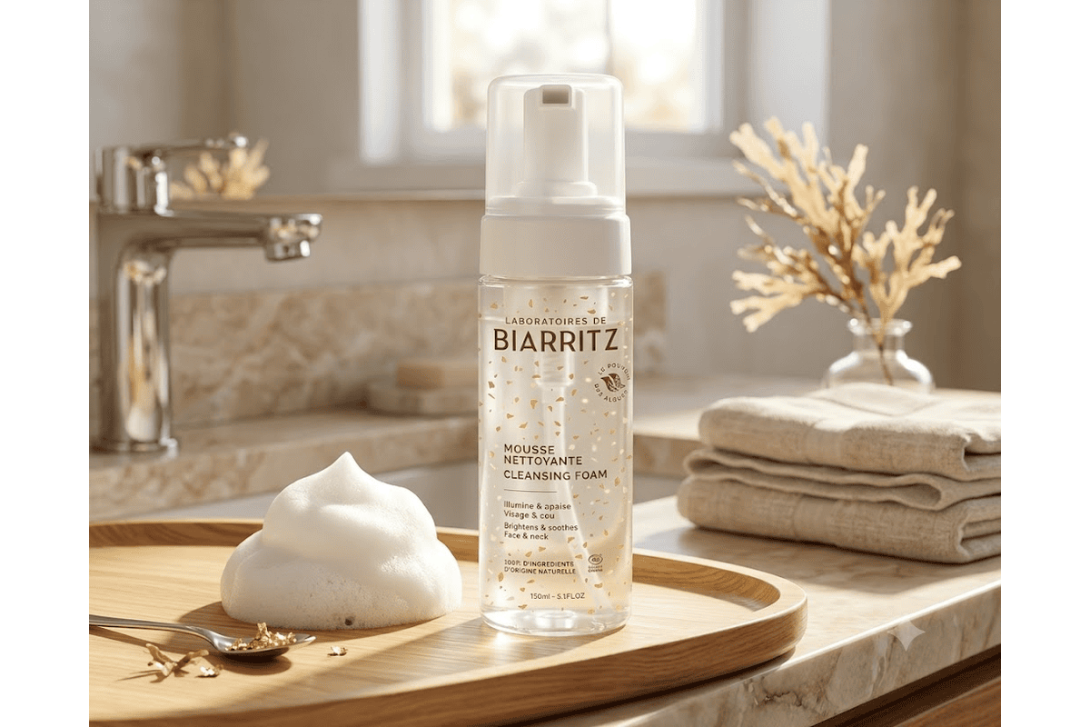 Laboratoires de Biarritz flacon mousse nettoyante visage bio cleansing foam 150 ml posé sur plateau bois clair dôme de mousse blanche ambiance salle de bain naturelle Cosmébio pouvoir des algues test gratuit Blissim