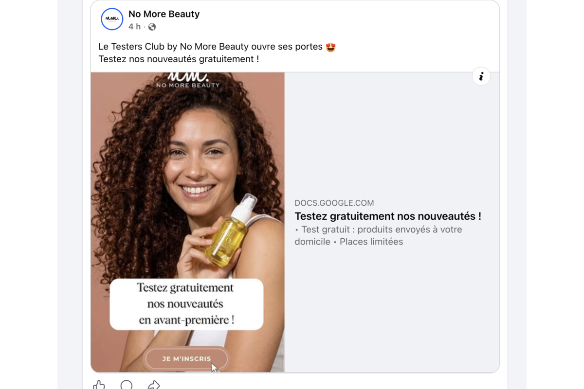 Testers Club No More Beauty annonce Facebook testez gratuitement les nouveautés en avant-première
