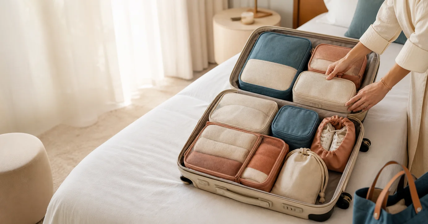 Valise ouverte rangée avec huit organisateurs de voyage en tissu bleu, beige et terracotta