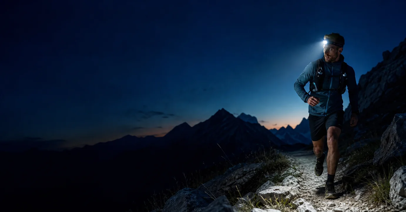 Traileur équipé d'une lampe frontale lors d'une sortie nocturne en montagne