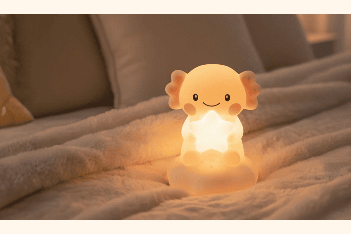 Test gratuit Ozmoz Oz veilleuse enceinte intelligente silicone axolotl rose étoile lumineuse sommeil enfant Made in France Lille