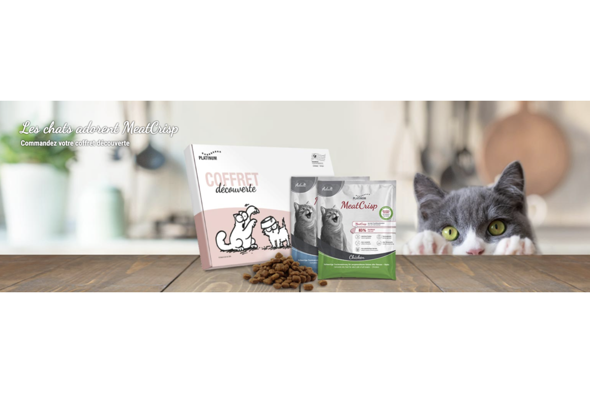 Coffret découverte gratuit Platinum MeatCrisp croquettes chat variétés Chicken et Fish