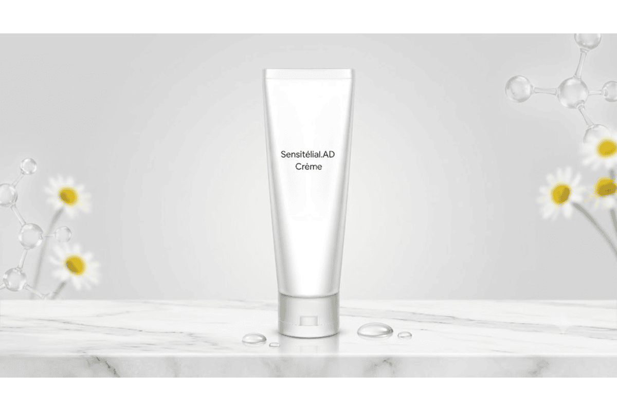 Tube Sensitélial.AD Crème Laboratoire ACM posé sur marbre blanc avec fleurs de camomille et molécules d'hydratation en arrière-plan